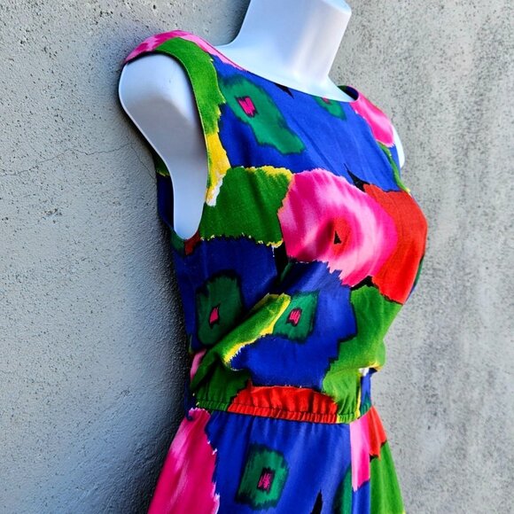 Lanz Originals 80s Bright Floral Sleeveless Fit Flare Midi Dress Size M Pockets - Picture 2 of 9